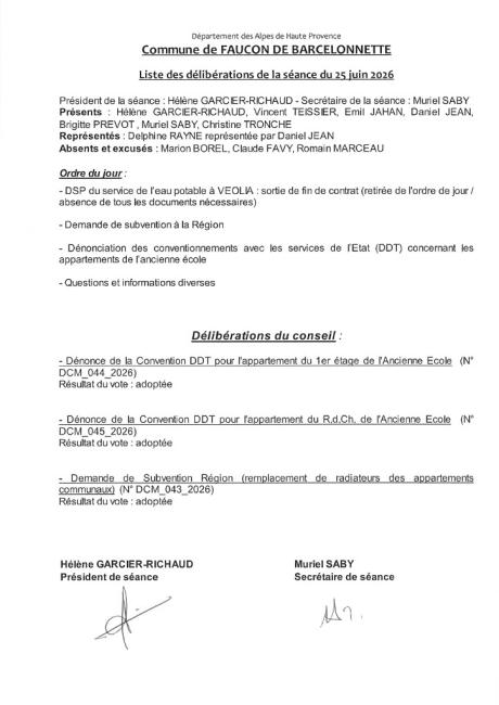 liste des délibérations 25.06.2026