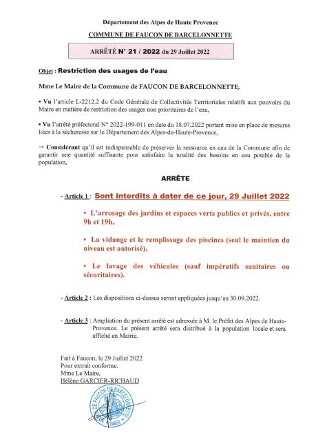 Restriction des usages de de l'eau