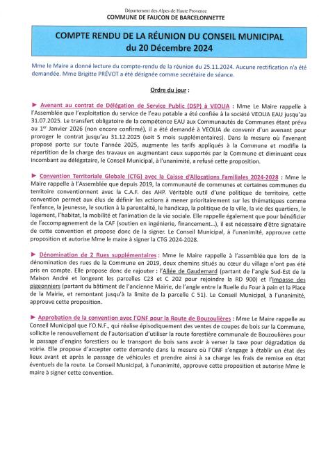 Cpte rendu du Conseil Municipal du 20.12.2024
