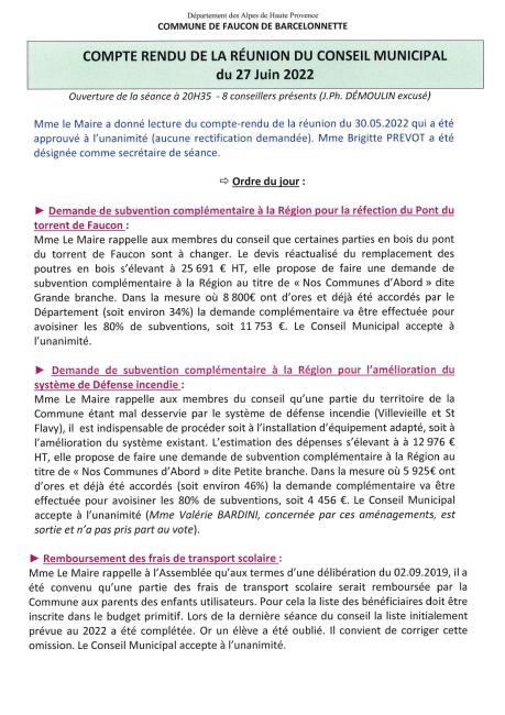 Conseil municipal du 27.06.2022