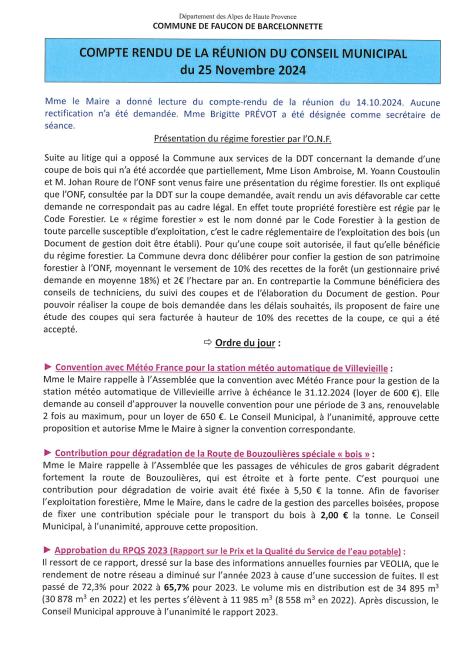 Cpte rendu du Conseil Municipal du 25.11.2024
