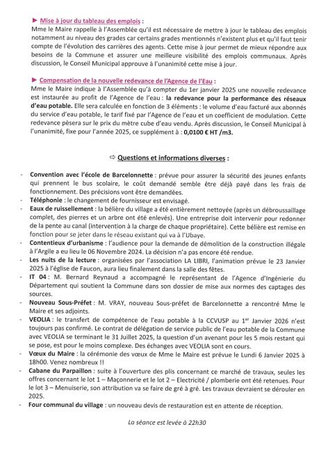 Cpte rendu du Conseil Municipal du 25.11.2024
